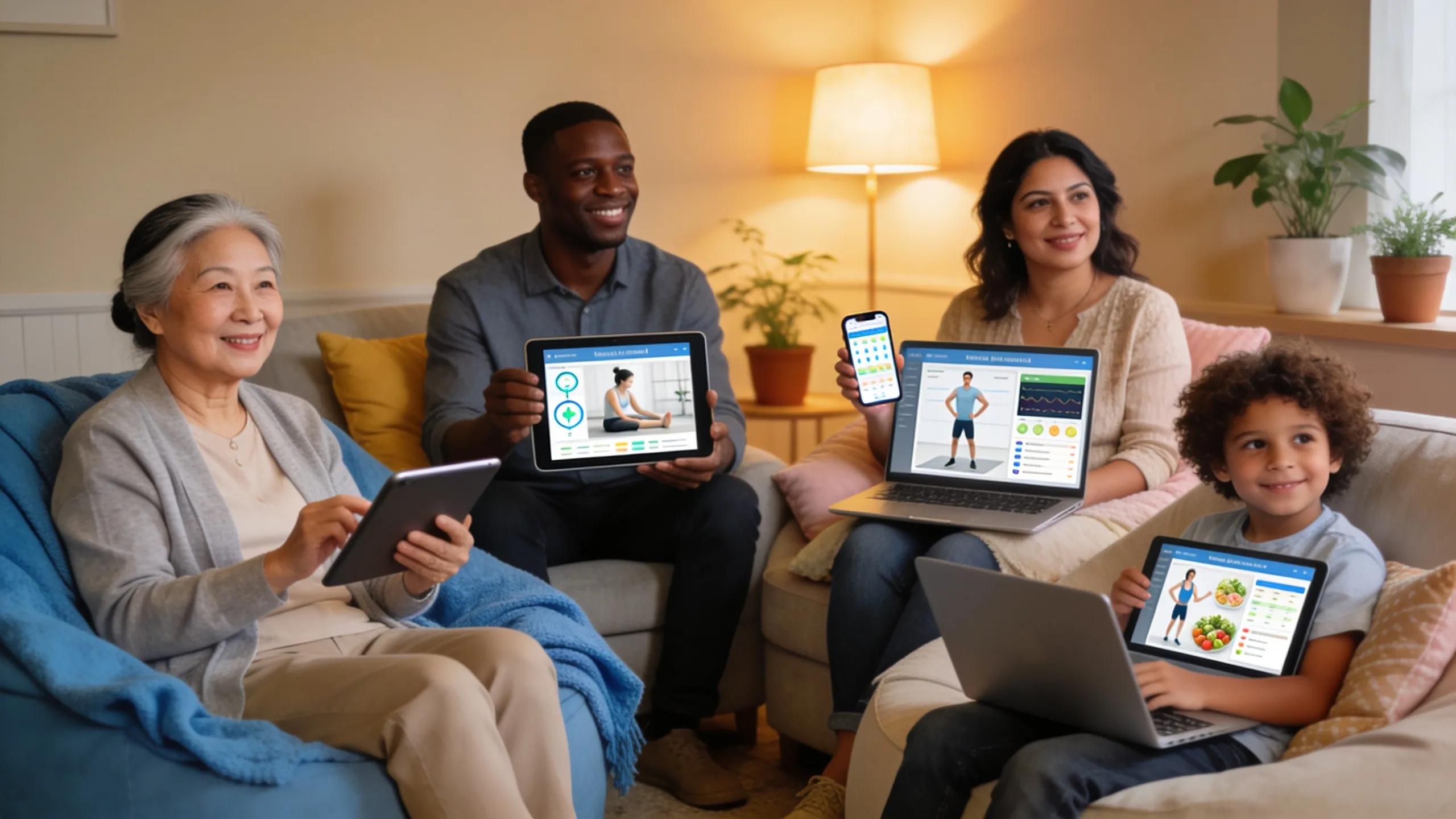 Diverse patients interacting with personalized digital health campaigns in a cozy home environment
