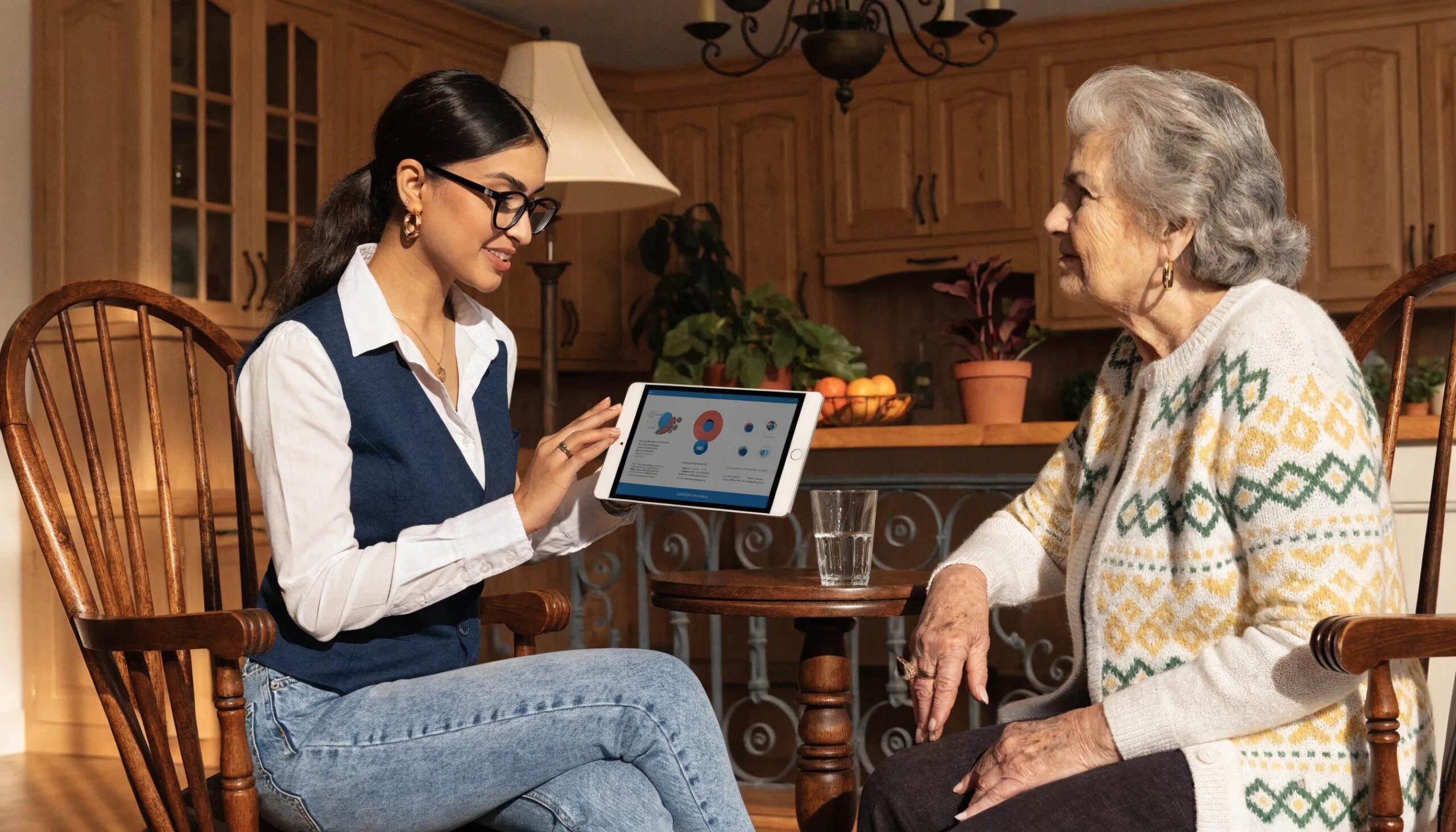 Healthcare professional assisting a patient with digital marketing strategies in a warm, inviting setting